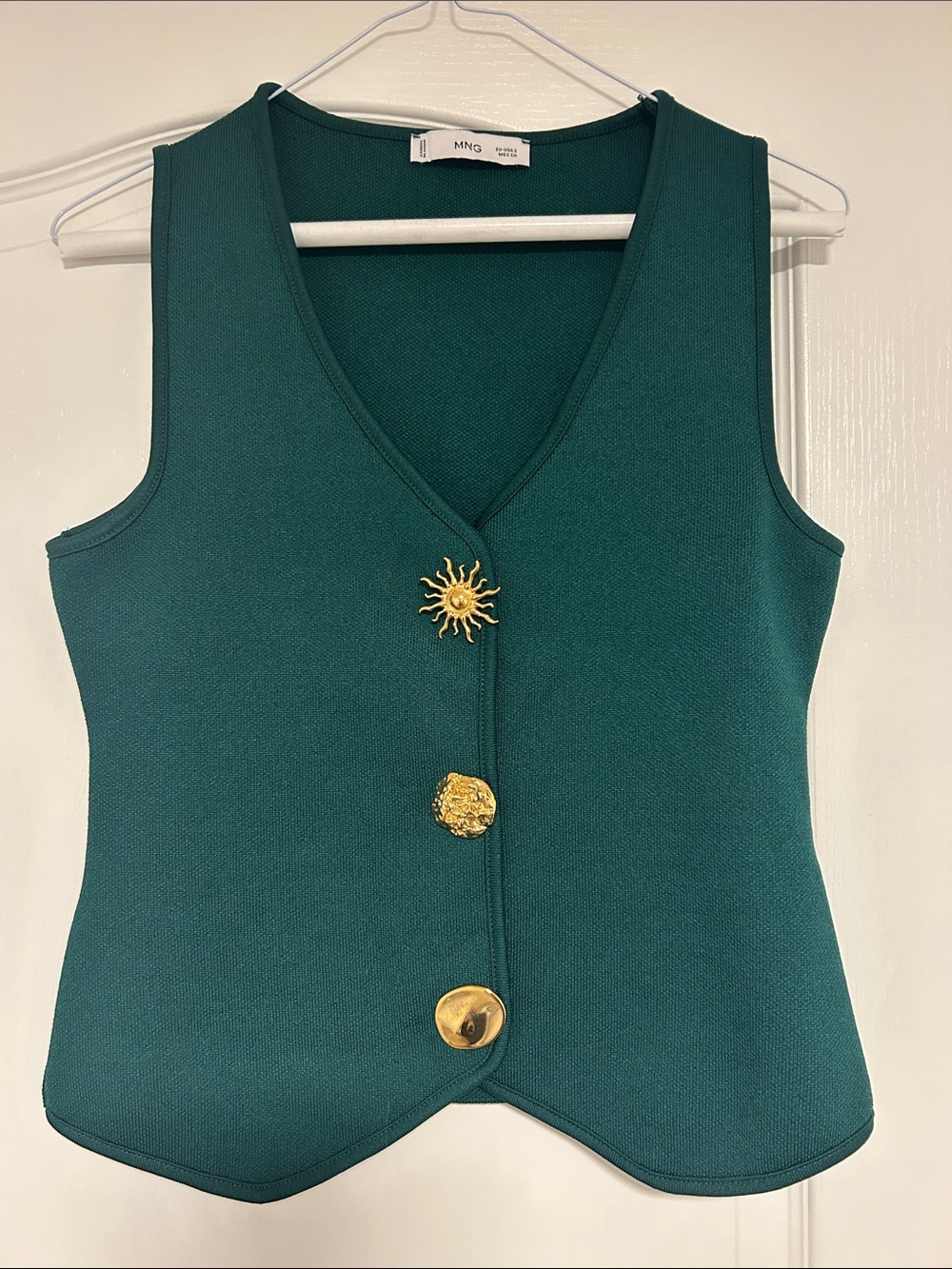 Mango Teal V-Neck Sleeveless Tank with Decorative Gold Buttons